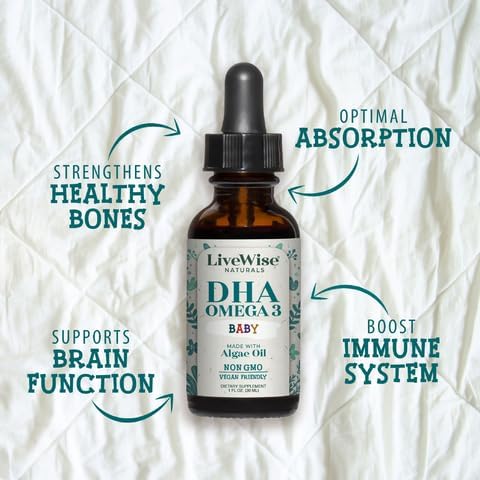LiveWise Naturals DHA Omega-3 Liquid Drops, Suppplement for Infants and Toddlers, Vegan-Friendly, Great-Tasting Omega-3 Supplement with Pure Orange Oil, Promotes Healthy Brain, Eyes, and Body Defense