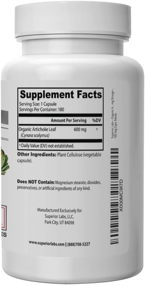 Superior Labs – Artichoke Leaf NonGMO Powerful with Caffeoylquinic Acid Natural Dietary Supplement to Support Healthy Metabolism, Digestion, Antioxidant, – 600 mg Dosage – 180 Veg Caps