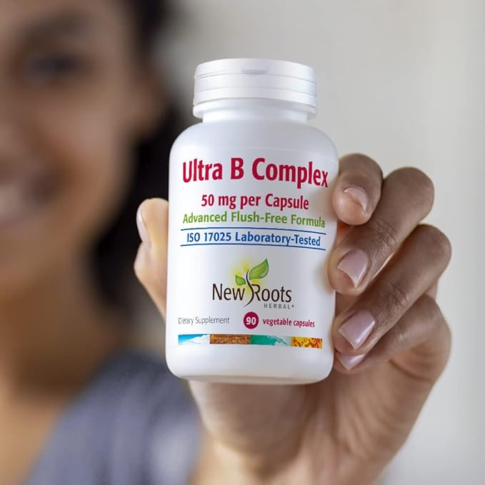 New Roots | Ultra Vitamin B Supplement (50mg) Contains Vitamin B6, B12, Biotin, Advanced Flush Free Formula (90 Veg Caps)