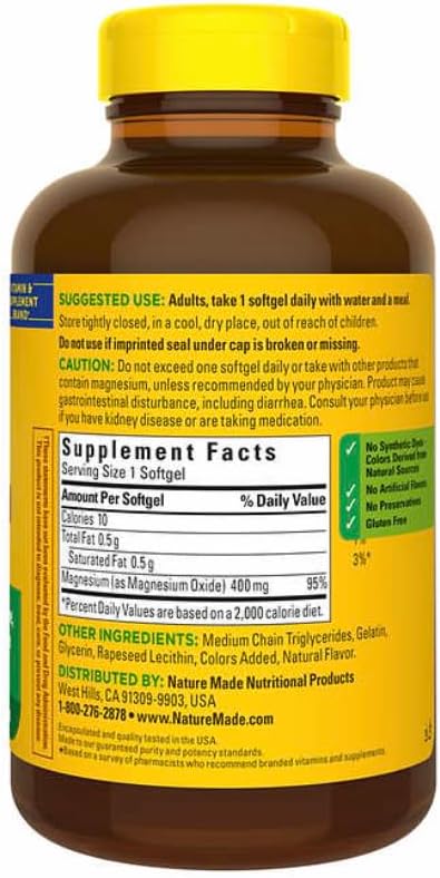 Nature Made Magnesium 400 mg Oxide Extra Strength 180 softgels, 180 Supply Days-1 Softgel Daily with Water and a Meal- Bundeled with nalkot-Suppliment Guide