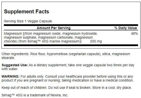 Swanson Simag Marine Magnesium 200 Milligrams Elemental 200 Milligrams 60 Veg Capsules