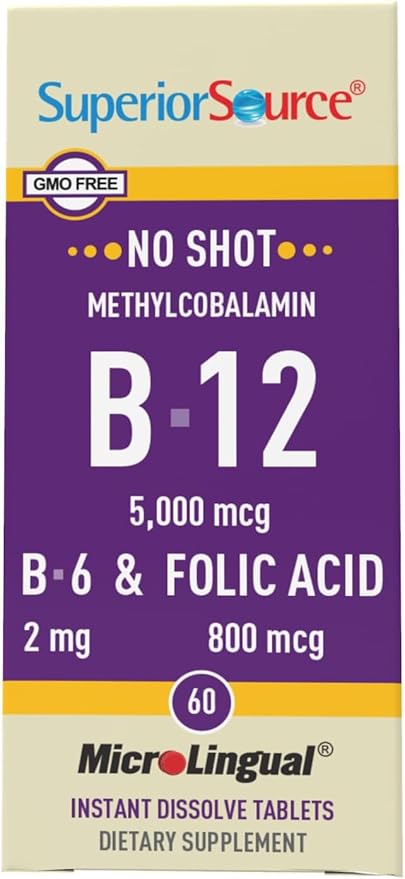 Superior Source No Shot Vitamin B12 Methylcobalamin (5000 mcg), B6, Folic Acid, Quick Dissolve Sublingual Tablets, 60 Ct, Increase Energy, Healthy Heart, Boost Metabolism, Stress Support, Non-GMO