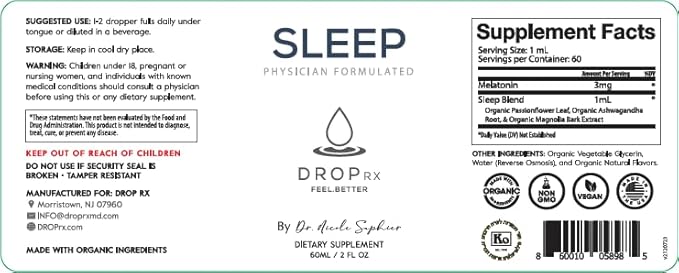 DropRx Sleep by Dr. Nicole Saphier – Melatonin Drops with Passion Flower, Ashwagandha & Magnolia Bark Extract – Organic, Non-GMO, Vegan, Gluten-Free, Kosher – Made in USA (2 Fl Oz)