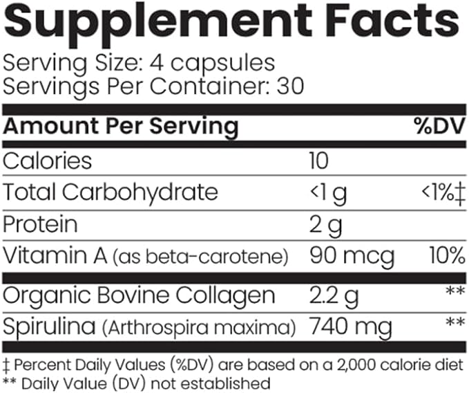 Organic Collagen Australia Pure Collagen & Spirulina Capsules – Antioxidant-Rich Supplement for Skin Elasticity, Joint Health, Metabolism Support & Energy (120 Capsules)