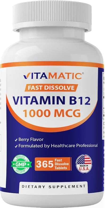 Vitamatic Vitamin B12 1000 mcg Fast Dissolve – 365 Tablets – Natural Berry Flavor – Supports Energy Metabolism & Nervous System Health