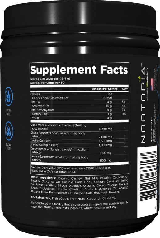 Collagenius v 2.0 - Blended Powder of 4 Mushrooms, Collagen & Superfoods - Brain Supplement Supports Focus, Memory, Hair, Skin - 30 Servings