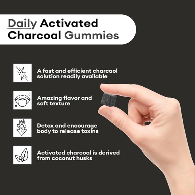 Premium Grade Activated Charcoal Gummies - Coconut Charcoal Supplements for Detox Support, Oral Health, Stomach & Digestion - Safe for Kids - No Bloat Vegan Gummy - Natural Acai Flavor (60 Count)