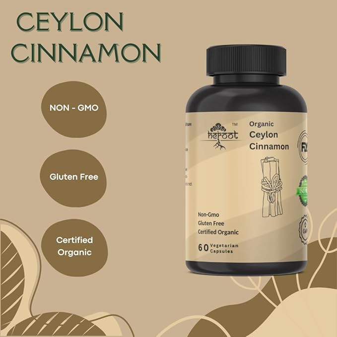Organic Ceylon Cinnamon Capsules| Pack of 60| Free from additives, preservatives, and Artificial Flavoring|100% Pure| Unflavored, Herbal Natural Supplement| Vegan, Non-GMO and Chemical Free