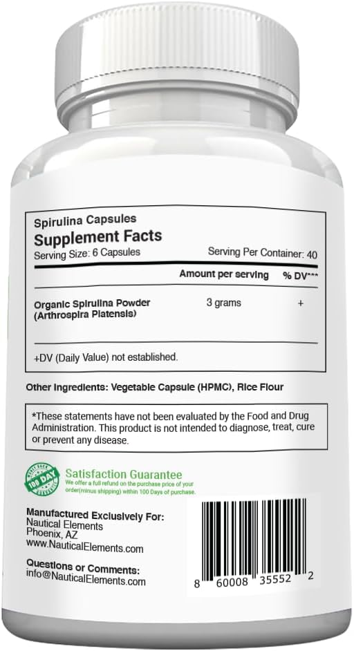 Spirulina Capsules 3000mg - 40 Servings Of Organic Spirulina Capsules - Rich in Protein, Antioxidants & Vitamins - 240 Organic Espirulina Powder - Supports Immune & Cardiovascular Health