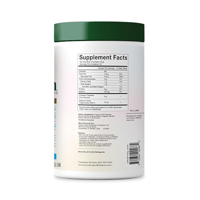 Great Lakes Wellness Keto Boost Advanced Collagen Peptides Powder with 4.2g MCTs - Vanilla Flavored - Nutritiously-Rich Non-Dairy Coffee Creamer or Smoothie Alt - Non-GMO, Kosher - 14.1 oz