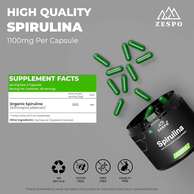 Spirulina 1100mg – Vegan Superfood Capsules for Heart, Immune & Energy Support – Plant-Based Protein &– 90 Capsules