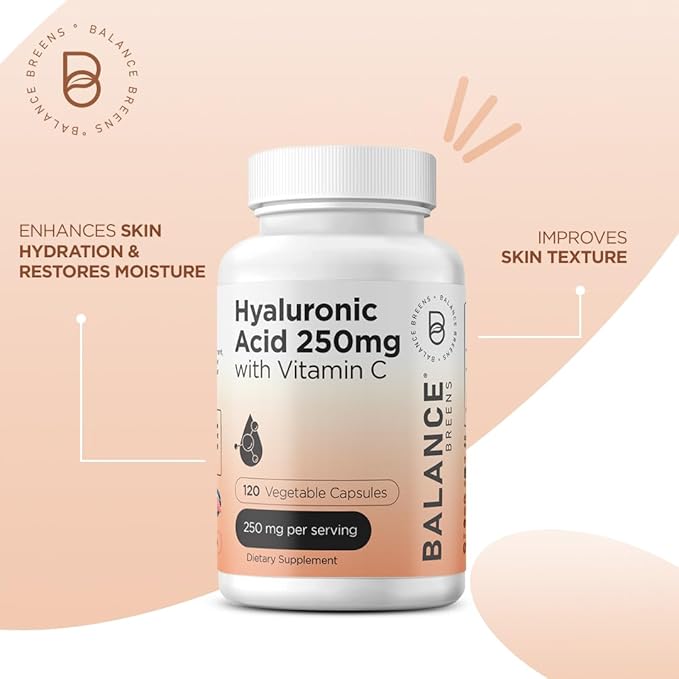 Pure Hyaluronic Acid Supplement 250mg with Vitamin C 50mg, 120 Vegan Capsules - Skin Hydration for Natural Glow, Hair, Nails, Bone & Joint Health Formula
