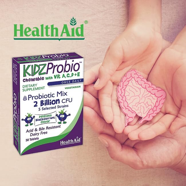 KidzProbio Chewable 30 CT Once Daily with Vitamin A, C, D+E, Probiotic Mix, 2 Billion CFU, 5 Selected Strains, Blackcurrant Flavor, Acid & Bile Resistant, Dairy Free, Vegetarian