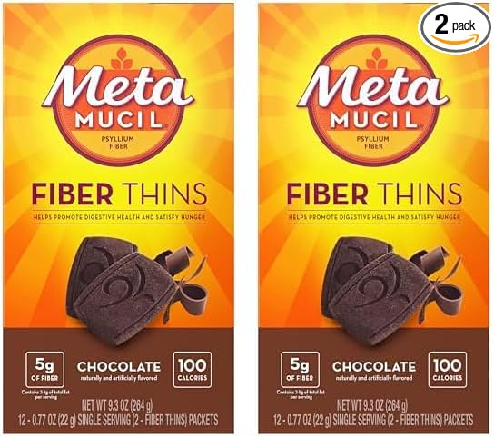 Metamucil Fiber Thins, Psyllium Husk Fiber Supplement, Digestive Health Support and Satisfy Hunger, Chocolate Flavored, 12 Servings (Pack of 2)