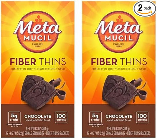 Metamucil Fiber Thins, Psyllium Husk Fiber Supplement, Digestive Health Support and Satisfy Hunger, Chocolate Flavored, 12 Servings (Pack of 2)