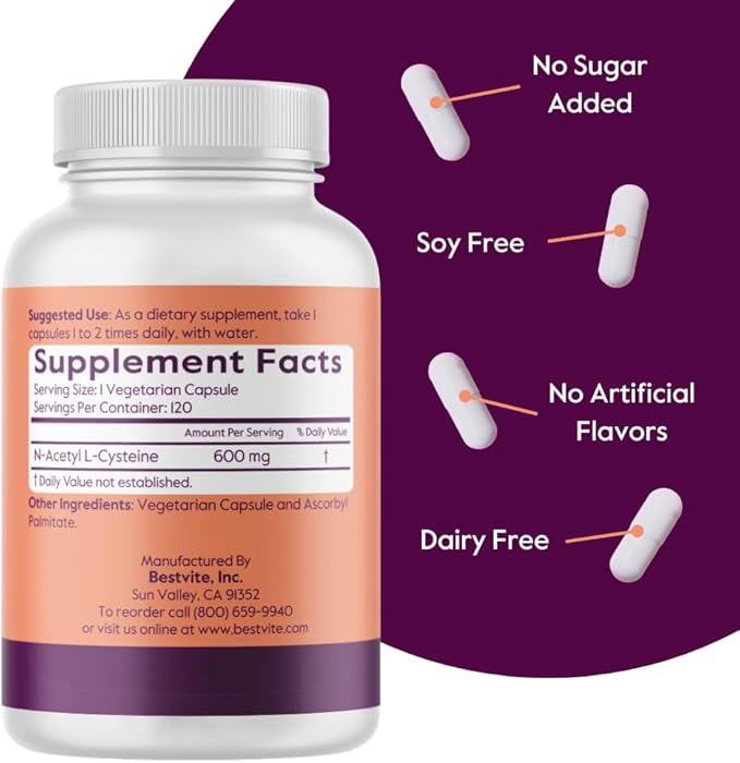 BESTVITE N-Acetyl L-Cysteine (NAC) 600mg Per Capsule (120 Vegetarian Capsules) - No Stearates - Vegan - No Fillers - No Silica - No Gelatin - Gluten Free - Non GMO