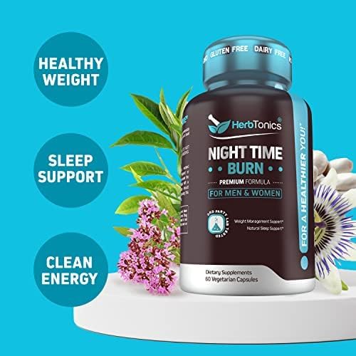 Herbtonics Night Time Supplement with Melatonin to Support Sleep & Metabolism | Melatonin & L-Theanine for Women and Men | Non-GMO, 120 Vegan Friendly Capsules