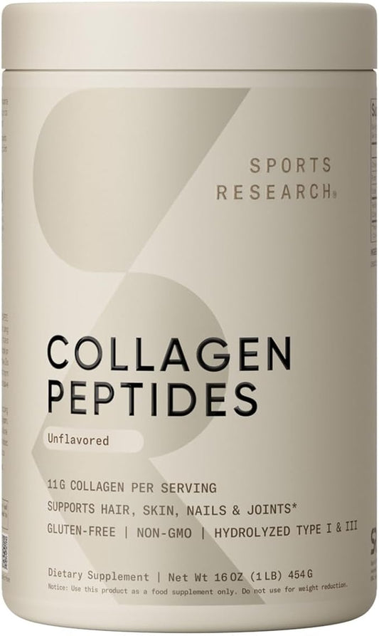 Sports Research Collagen Peptides for Women & Men, Unflavored, 16 oz., Hydrolyzed Type 1 & 3 Collagen Powder Protein Supplement for Healthy Skin, Nails, Bones & Joints