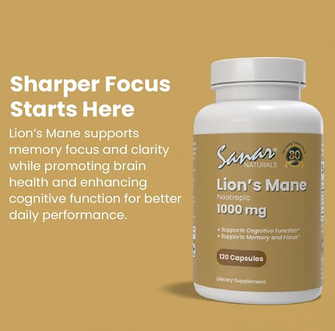 Sanar Naturals Lions Mane Supplement Capsules - Focus, Memory and Brain Function Support - Mushroom Lions Mane Powder Supplement Nootropic - Non-GMO, Gluten-Free, 120 Pills