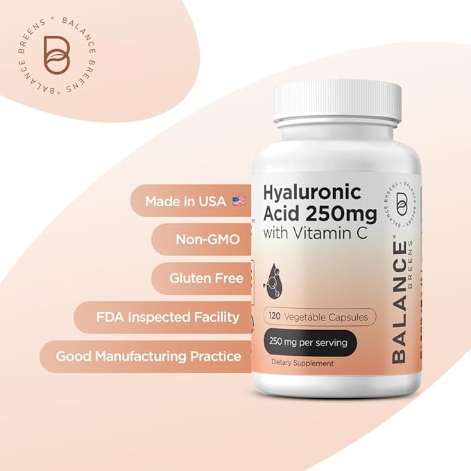 Pure Hyaluronic Acid Supplement 250mg with Vitamin C 50mg, 120 Vegan Capsules - Skin Hydration for Natural Glow, Hair, Nails, Bone & Joint Health Formula