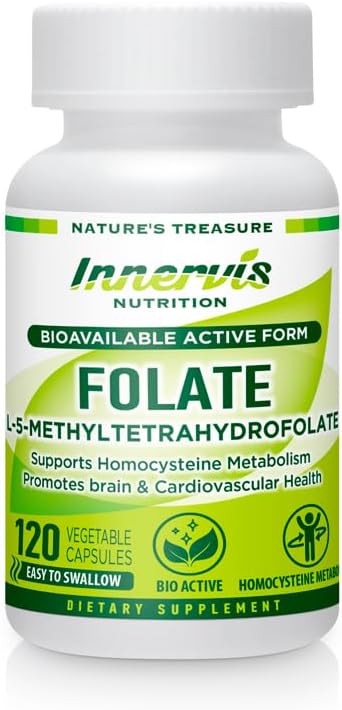 Bioavailable Active Form Folate L-5-MTHF BioActive Vitamin B9 Support Brain Health120 Vegetable Capsules Supplement