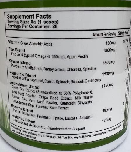 Super Omega Greens Complete Superfood Supplement with Greens, Vegetables, Flax, Fiber, Antioxidants, Enzymes, Probiotics, Vitamin C and Omega 3-7.9oz Powder