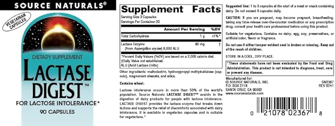 Source Naturals Lactase Digest, for Lactose Intolerance* - 90 Capsules