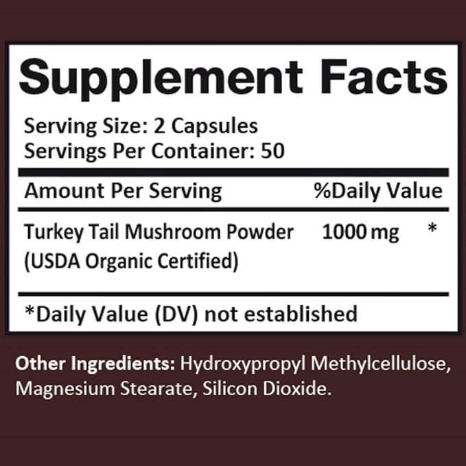 Turkey Tail Mushroom, Natural Immune Support, Wellness, & Vitality | Vegan, Gluten Free (100 Veggie Capsules / 50 Days Supply)