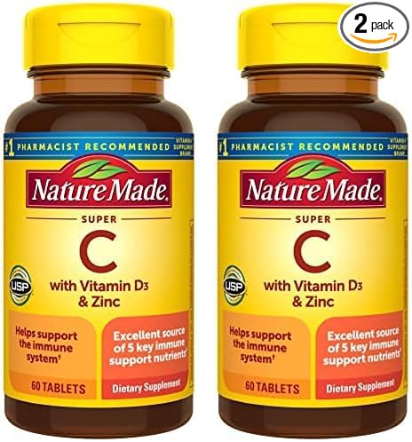 Nature Made Super C with Vitamin D3 and Zinc, Dietary Supplement for Immune Support, 60 Tablets, 60 Day Supply (Pack of 2)