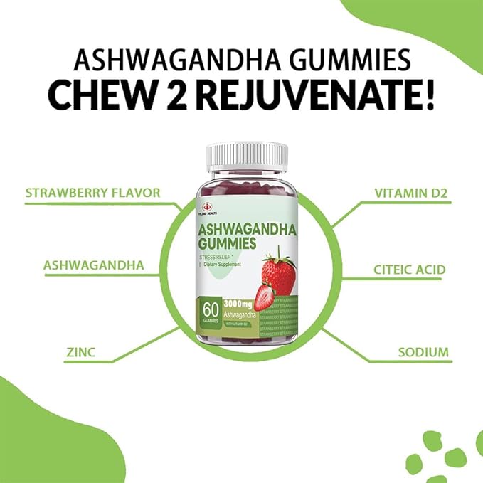 YiLing Ashwagandha Gummies for Women & Men, 3000 Mg of High-Potency Ashwagandha Root Extract Boosts Energy, Improves Sleep, Relieves Stress and Calms Mood, 60 Count Strawberry Flavor Ashwagandha