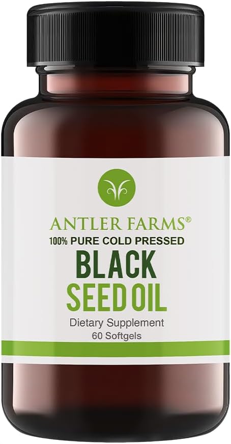 Antler Farms - Black Seed Oil Softgel Capsules -100% Pure, Virgin, Cold-Pressed 60 Softgels, 500mg – 2% Thymoquinone, Turkish Black Cumin Nigella Sativa Seed Oil