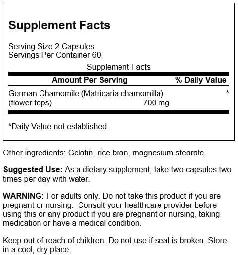 Swanson Chamomile Stress Support - Made with German Chamomile Flower - Herbal Supplement to Promote Stress, Relaxation and Sleep Support - Helps Easy Body and Mind - (120 Capsules)