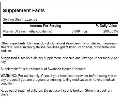 Swanson Supplemelts Sublingual Vitamin B-12 5 Milligrams 60 Tabs