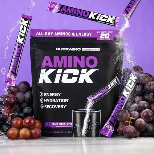 NutraBio – Amino Kick – All in One Performance Formula Energy, Hydration, Recovery 20 Servings, (Grape Berry Crush) – 6g Amino Acids – Support Muscle Building