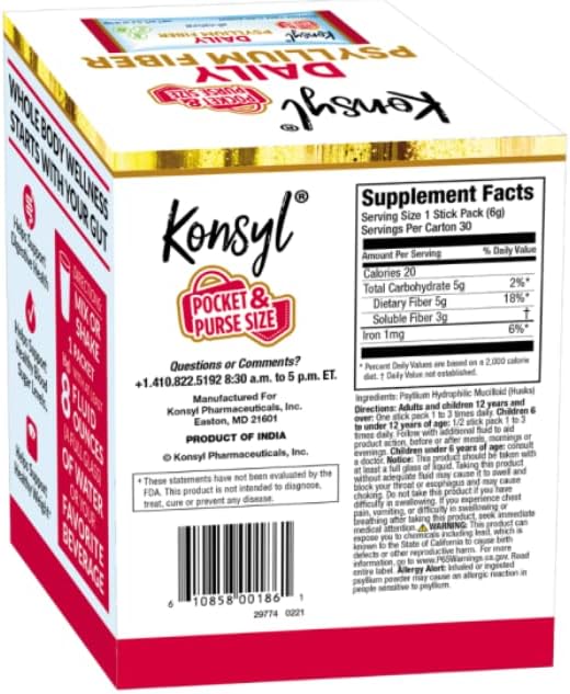 Konsyl Daily Psyllium Fiber Stick Packs - On-The-Go Fiber Supplement Powder - Convenient, All-Natural Soluble Fiber, Gluten-Free & Sugar-Free, Vegan & Keto - 30 Packets