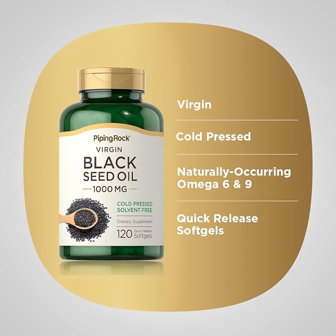 Piping Rock Black Seed Oil Softgel Capsules | 1000mg | 120 Pills | Cold Pressed Virgin | Solvent Free, Non-GMO, Gluten Free Supplement
