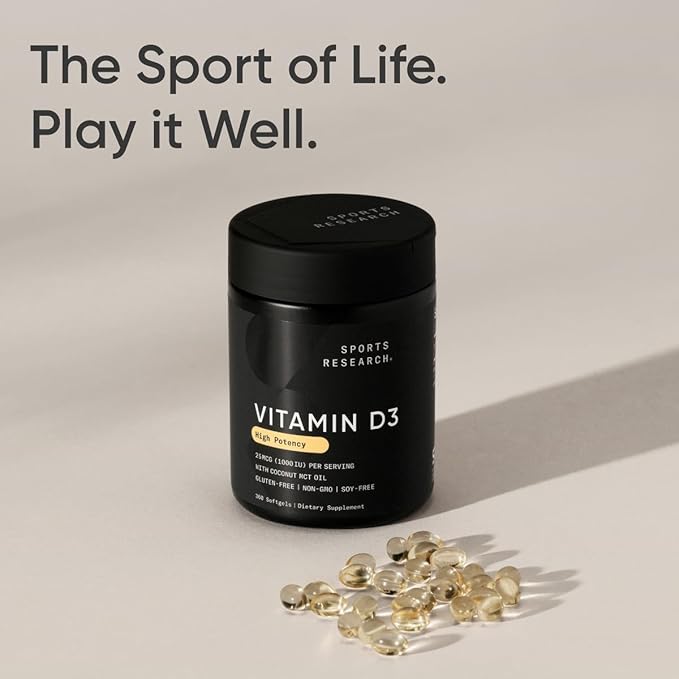 Sports Research Vitamin D3 1000iu (25mcg) Infused with Coconut Oil ~ Immune & Bone Support ~ Non-GMO Verified, Soy & Gluten Free (360 Mini Liquid Softgels)
