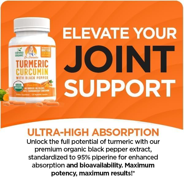 Organic Turmeric Curcumin with Black Pepper Extract 2000mg - High Absorption Ultra Potent Supplement - 95% Curcuminoids - Vegan, Non GMO for Joint Support - 120 Capsules