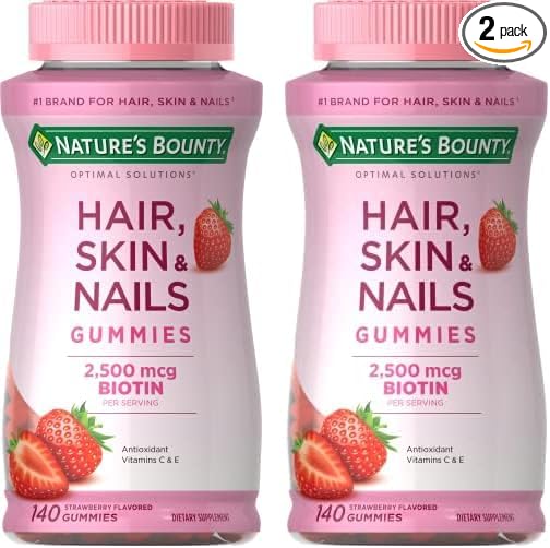 Nature's Bounty Hair, Skin & Nails with Biotin, Strawberry Gummies Vitamin Supplement, Supports Hair, Skin, and Nail Health for Women, 2500 mcg, 140 Ct (Pack of 2)