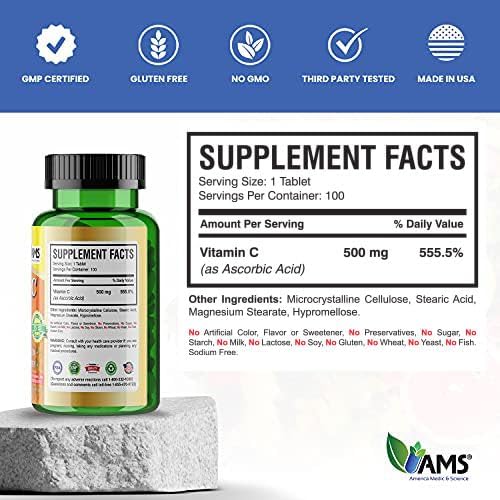 America Medic & Science Rapid-C 500mg Vitamin C Supplement (2 Pack of 100 Tablets) Energy Booster, Daily Immune System Support, Antioxidant | Vegan, Non-GMO Coated Ascorbic Acid for Adult Men & Women