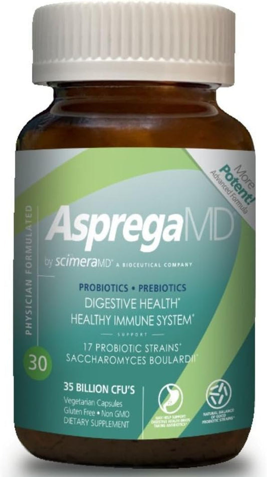 ScimeraMD® Asprega Probiotic + Prebiotic Supplement for Digestive Health and Immune System Support, 35 Billion CFUs, 30 CT