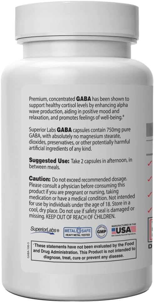 Superior Labs | GABA Supplement 750mg | Maximum Strength Mood Enhancement | Natural Relief of Simple Nervous Tension, Promotes Mood Balance, Sleep Quality, and Natural Brain Function*