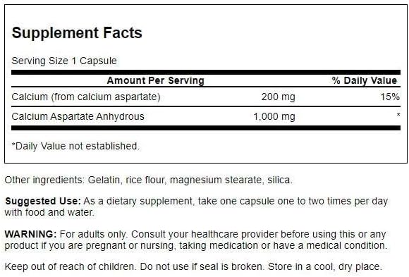 Swanson Calcium Aspartate - Herbal Supplement Promoting Bone, Heart, & Muscle Health - Natural Formula Promoting Total Body Wellness - (60 Capsules-200mg Each)