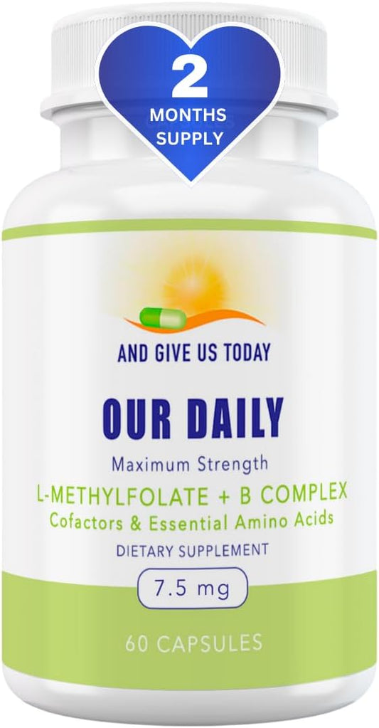 Our Daily Vites L-Methylfolate B Complex Cofactors & Essential Amino Acids (7.5mg) - Active Folate, Methylated B12 Methylcobalamin, B6 and Glycine - 60 Count
