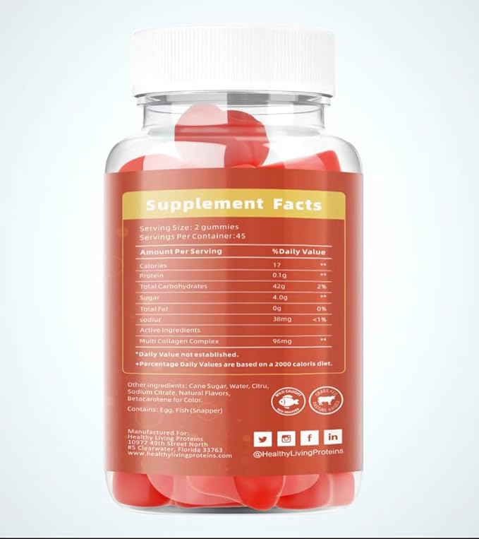 Healthy Living Proteins | Multi Hydrolyzed Collagen Complex Peptides Type I,II, III,V & X | Pure Organic Proteins, Grass Fed| Keto, Amino Acids | Collagen Gummies (90 Count)
