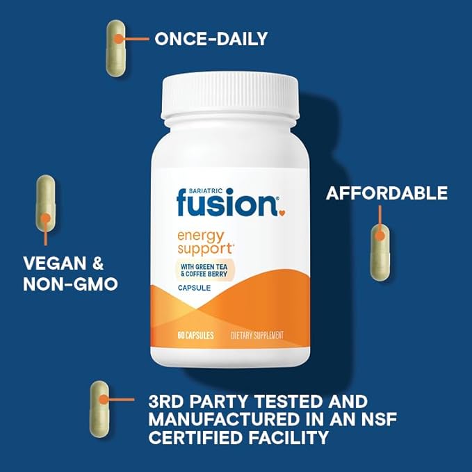 Bariatric Fusion B Vitamins for Energy Support | B-Complex with 70mg Natural Caffiene | Vegan Capsules | Bariatric Vitamins for Women and Men | Gluten, Dairy and Soy Free | Non-GMO | 60 Count