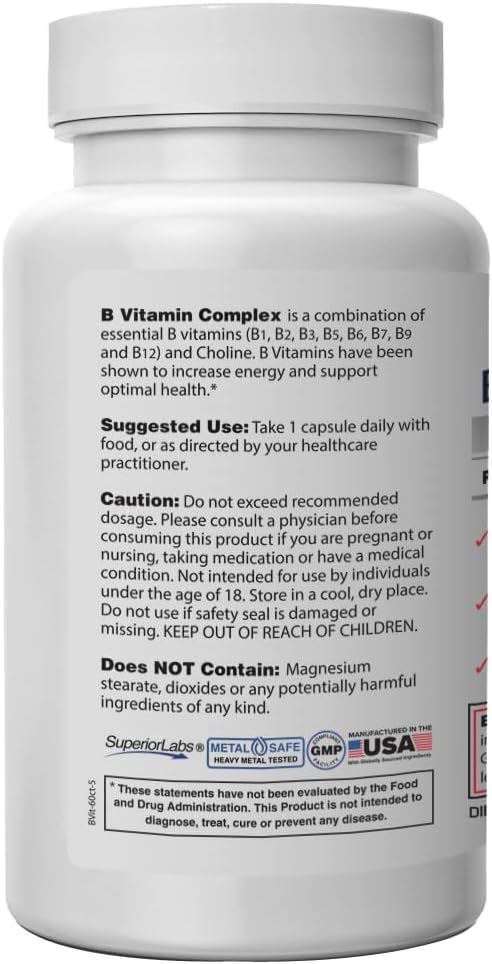 Superior Labs B Vitamin Complex - Superior Absorption - 100% NonGMO Safe from Additives, Stearates, Gluten and Other Allergens - Regulate Digestive System and Support Metabolism - 60 Vegetable Caps