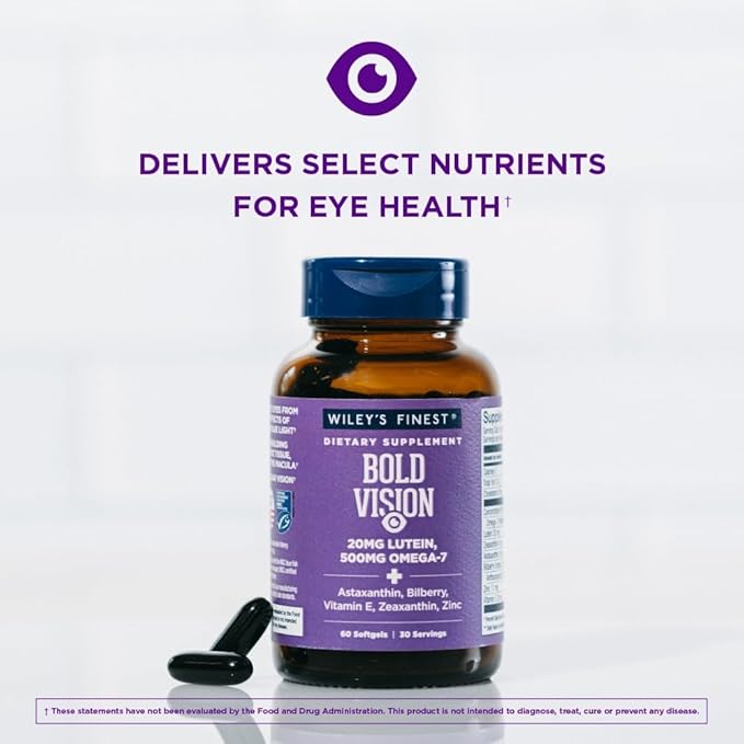 Wiley's Finest Wild Alaskan Fish Oil Bold Vision - Fish Oil Eye Health Supplement with Lutein, Zeaxanthin, Bilberry, Omega-7, Vitamin E, and Zinc - 60 Softgels (30 Servings)