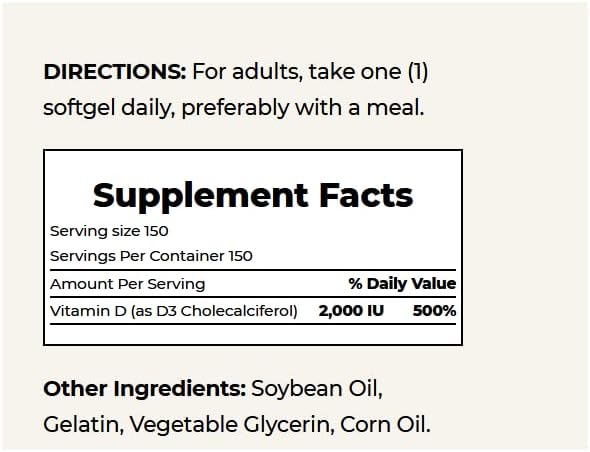 Nature's Bounty Vitamin D, Supports Immune Health & Bone Health, 2000IU Vitamin D3, 150 Softgels,150 Count (Pack of 2)