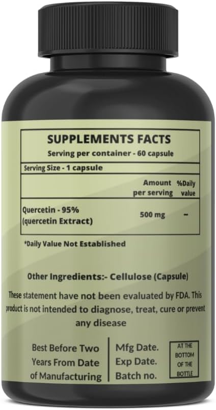 500mg Quercetin with Bromelain Capsules: Respiratory Support Non-GMO | Gluten Free | Supports Overall Health & Well Being (20 Capsules)